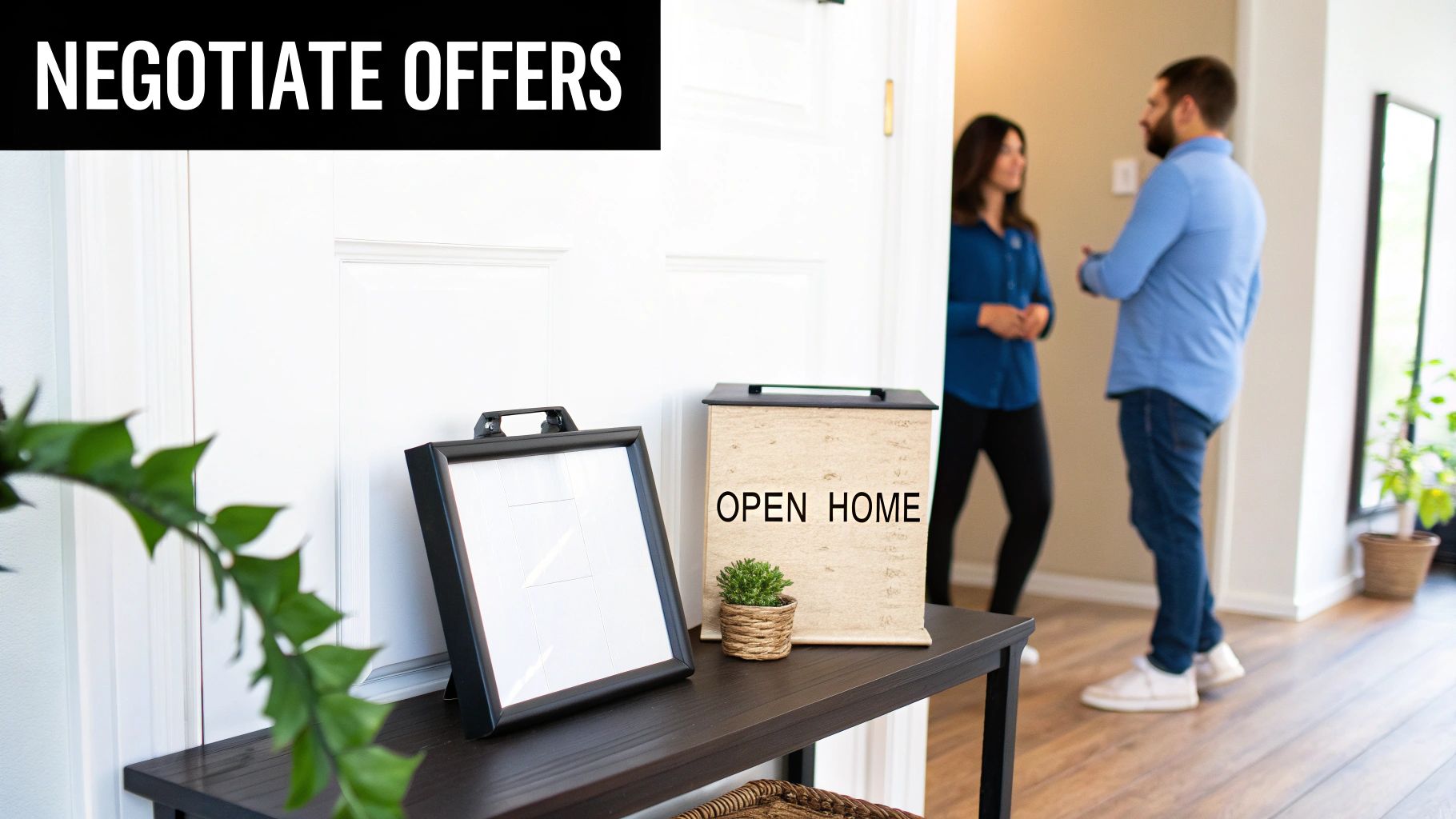 An 'Open Home' sign is on a table with a framed picture, while two people discuss property offers in the background.