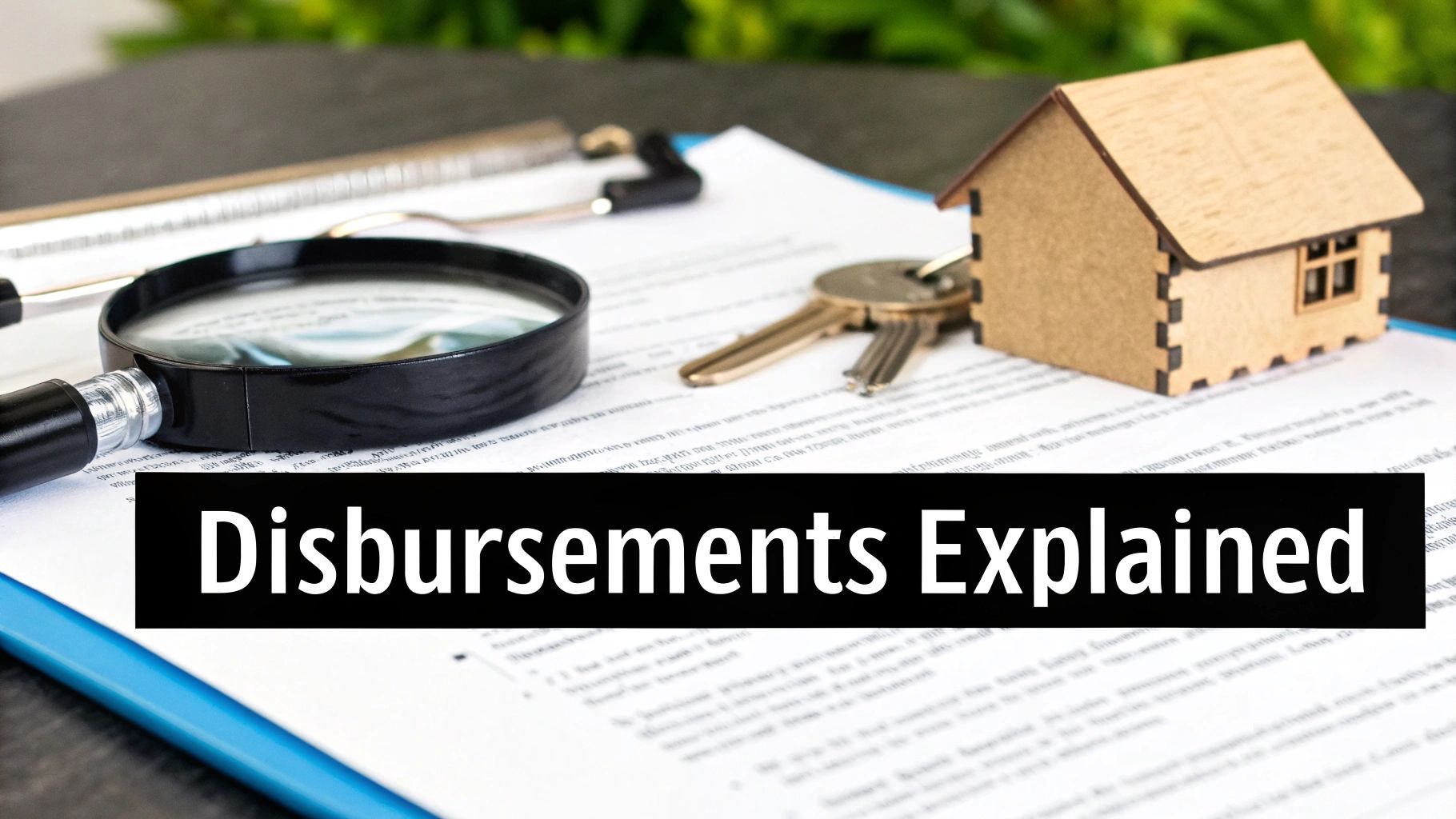 Real estate disbursement documents with house model, keys, and magnifying glass on desk