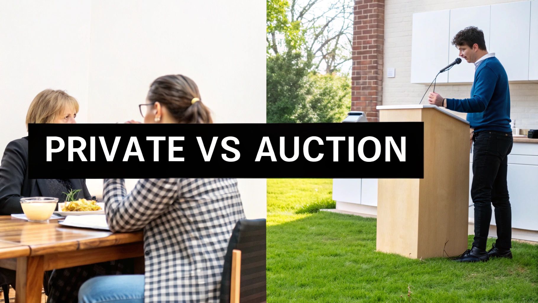 Split screen comparing private home sale meeting with public auction presentation at podium