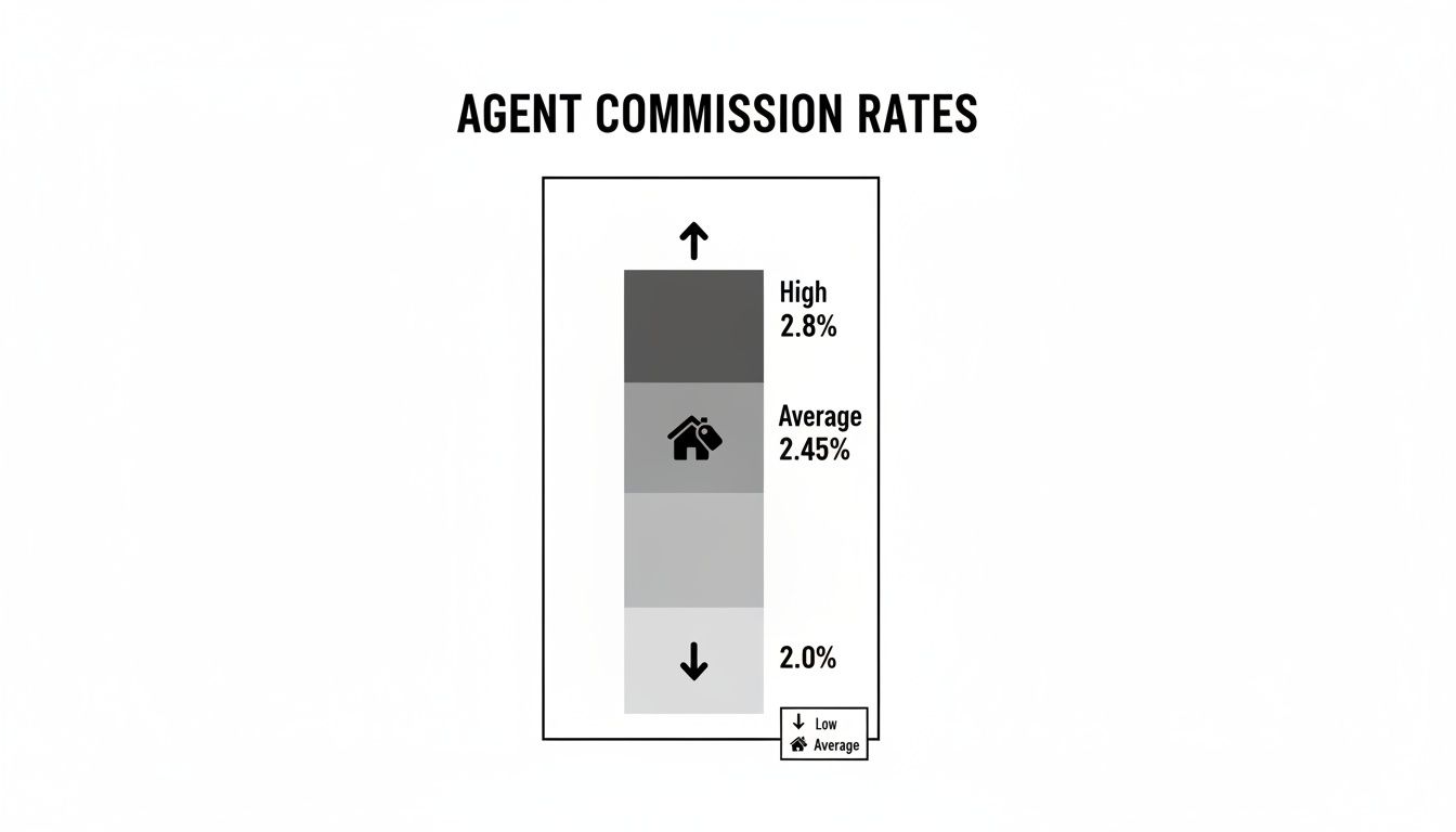 A chart illustrating real estate agent commission rates: High at 2.8%, Average at 2.45%, and Low at 2.0%.