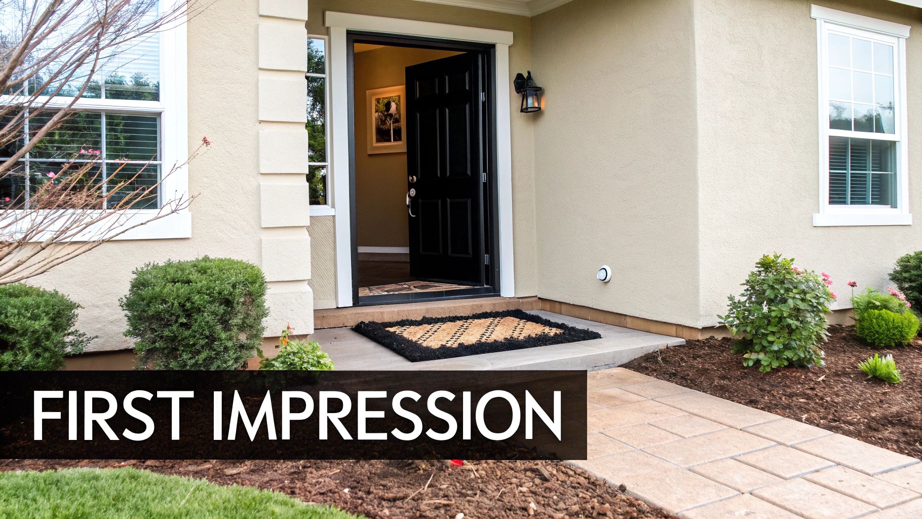 A welcoming front entrance of a house with an open black door, a doormat, and neat landscaping.
