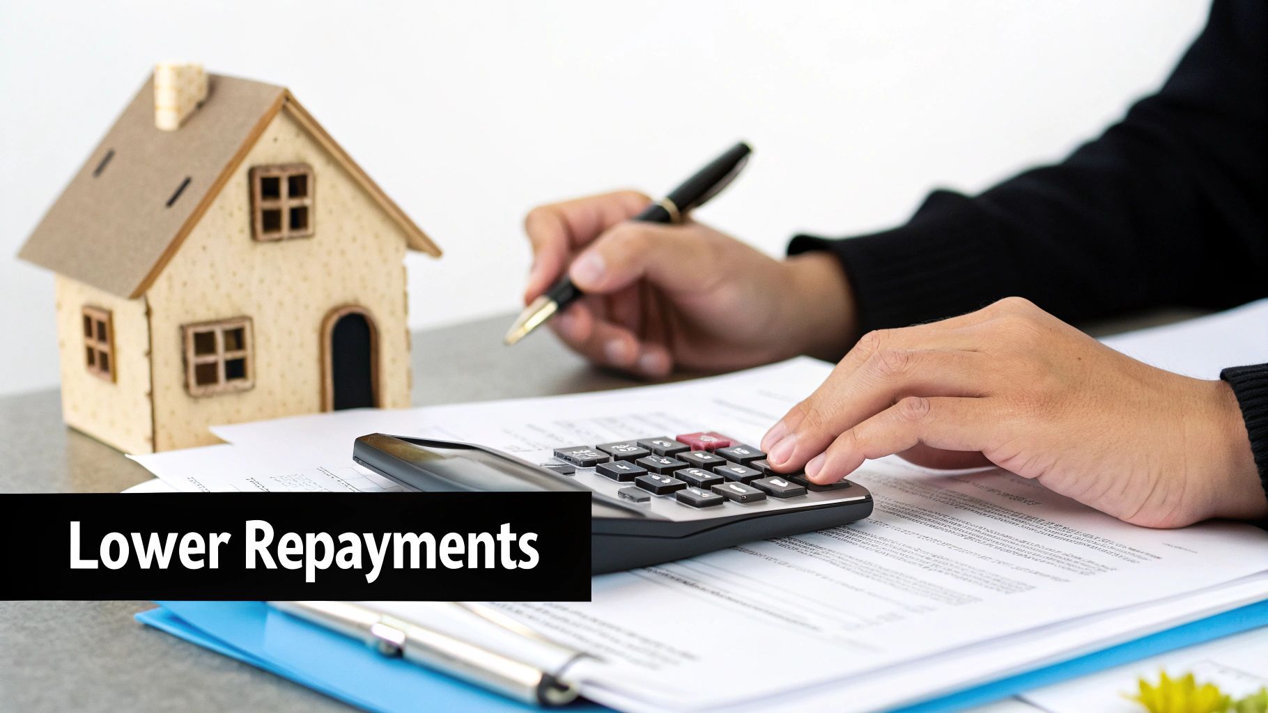 A person calculates finances with a calculator and pen, next to a miniature house model, with text 'Lower Repayments'.