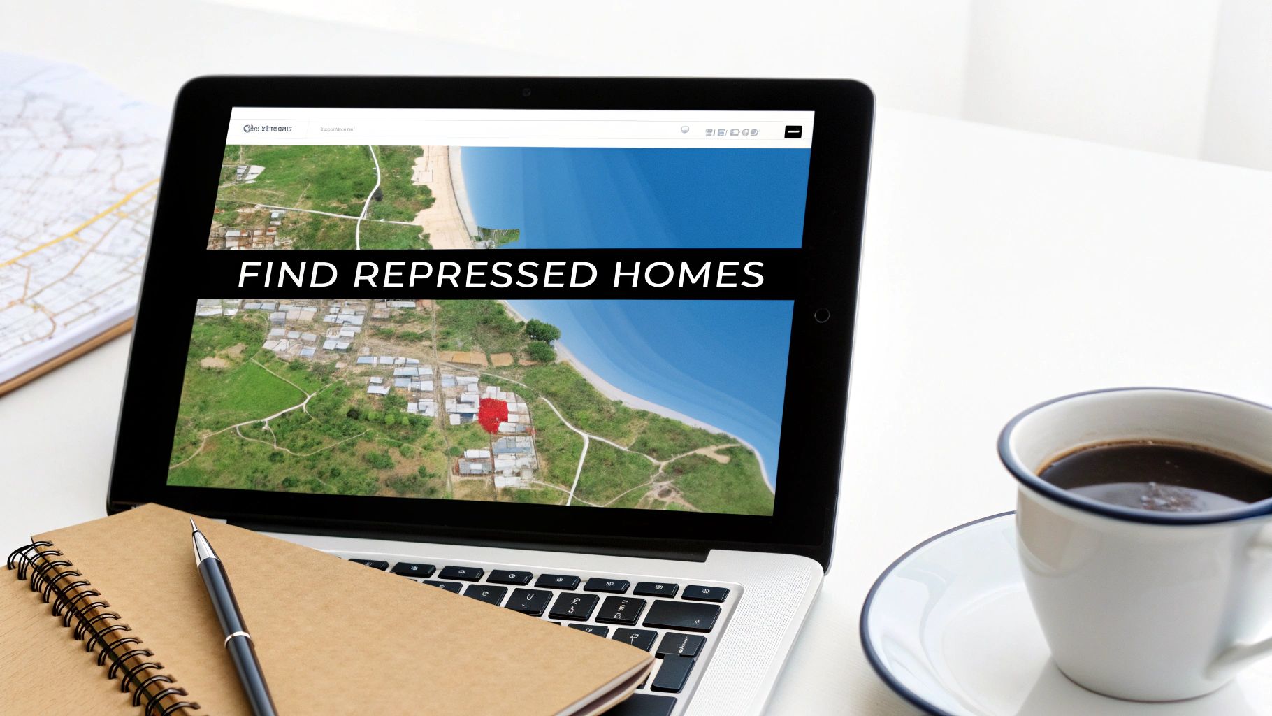 Laptop displaying a website to find repossessed homes, next to a map, notebook, and coffee cup.