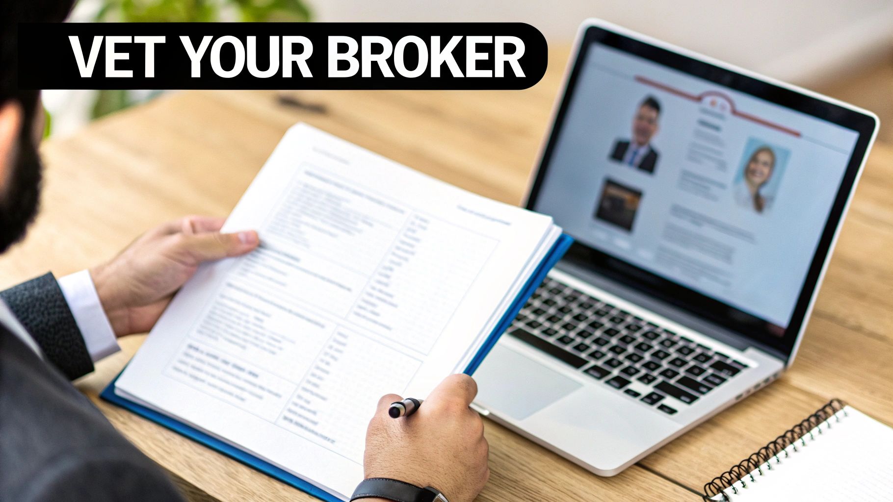 A man reviews documents and online profiles on a laptop, vetting potential brokers for trust.
