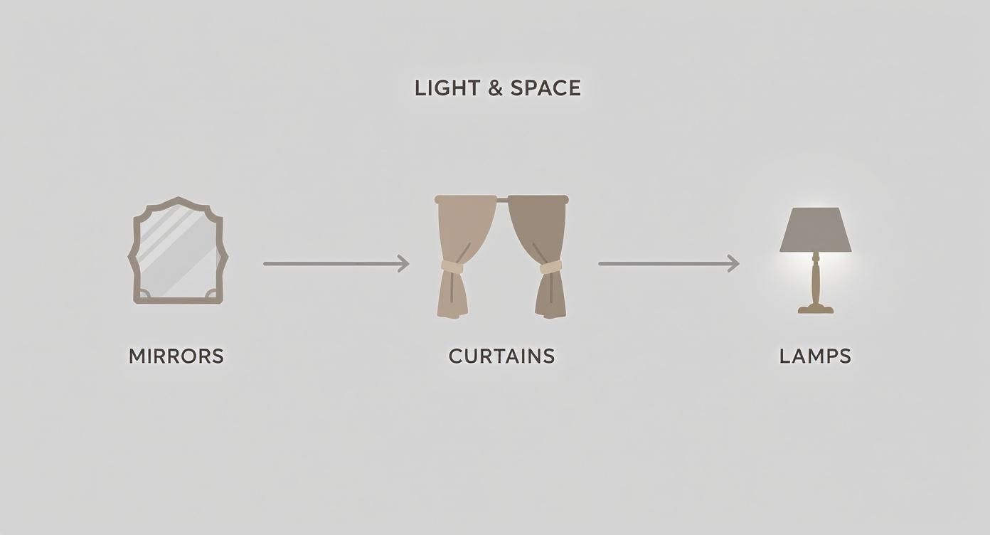 Diagram illustrating how mirrors, curtains, and lamps are used to enhance light and space in home styling.