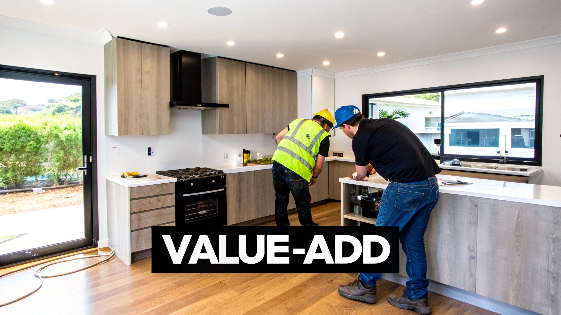 An unfinished room with exposed brick, concrete floors, and construction materials, representing a renovation project in progress.