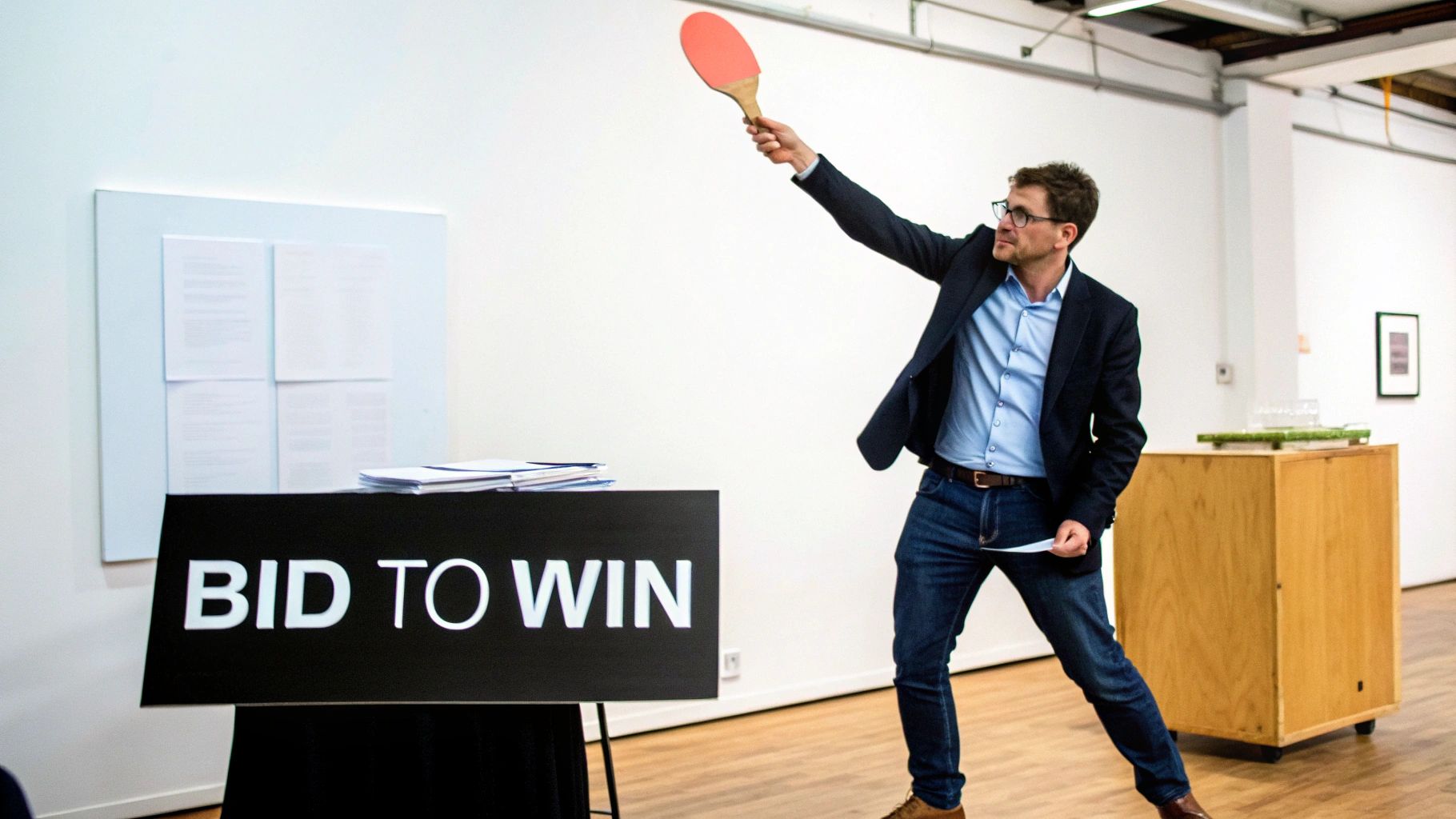 A man enthusiastically raises a red ping-pong paddle next to a 'BID TO WIN' sign.