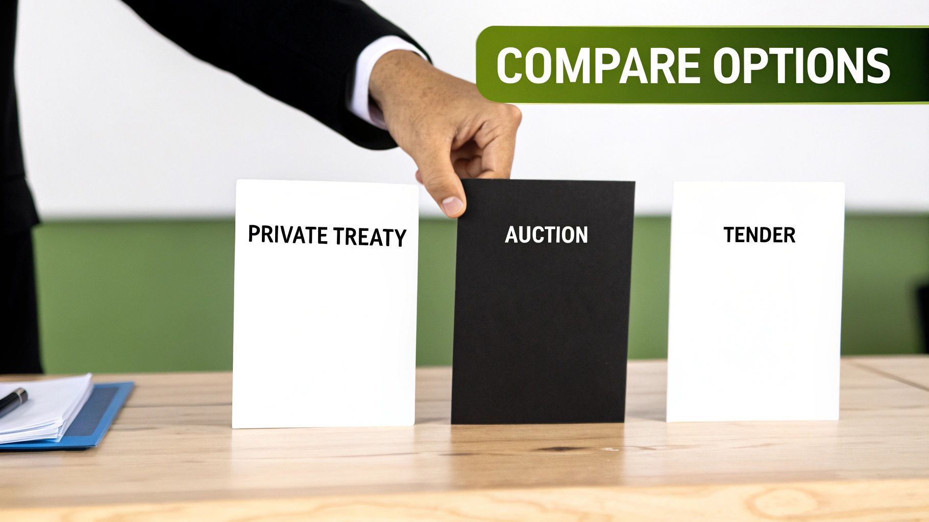 A hand holds an 'AUCTION' card between 'PRIVATE TREATY' and 'TENDER' options to compare.