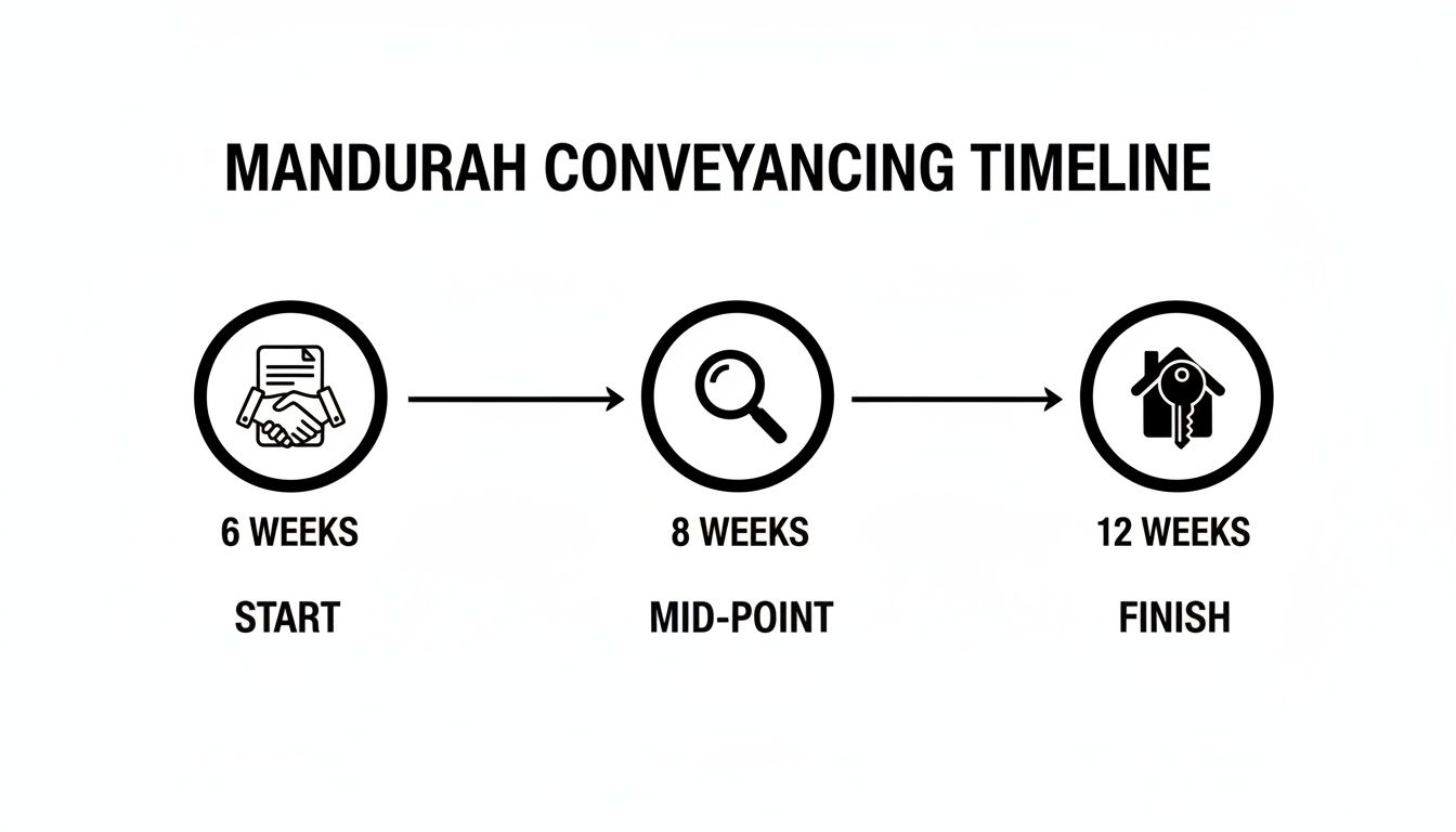 A Mandurah conveyancing timeline showing three stages: Start (6 weeks), Mid-Point (8 weeks), and Finish (12 weeks).