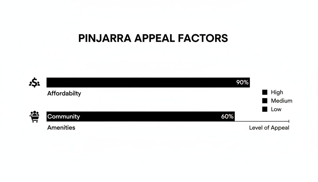 Bar chart displaying Pinjarra's appeal factors: affordability at 90% and community amenities at 60%.
