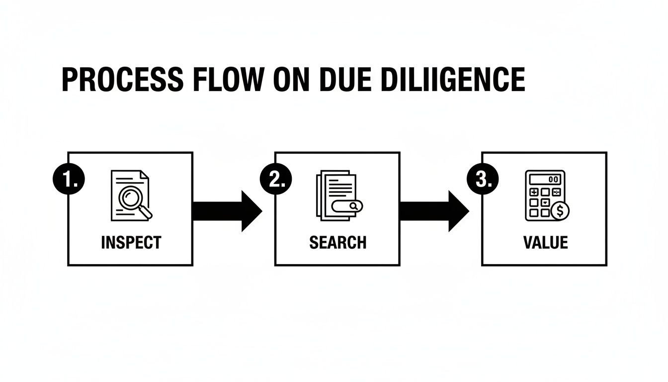 A three-step process flow for due diligence, detailing inspect, search, and value stages.