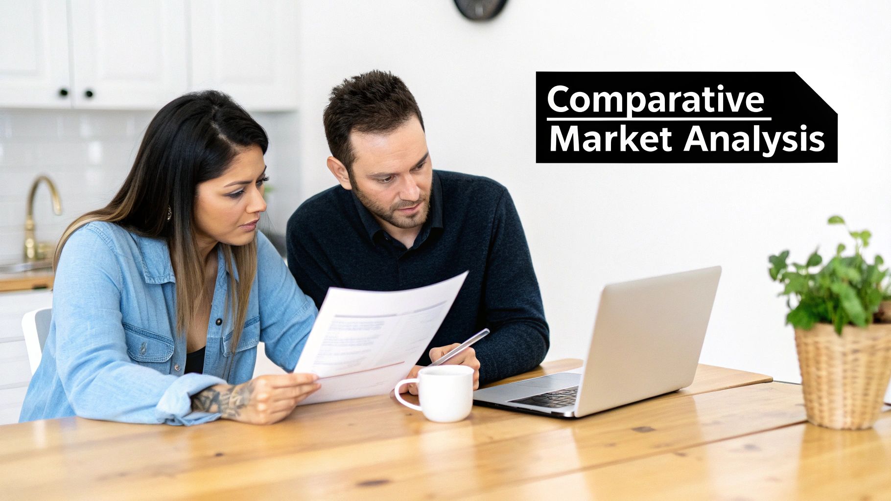 A couple reviews documents and a laptop, discussing a comparative market analysis in their kitchen.