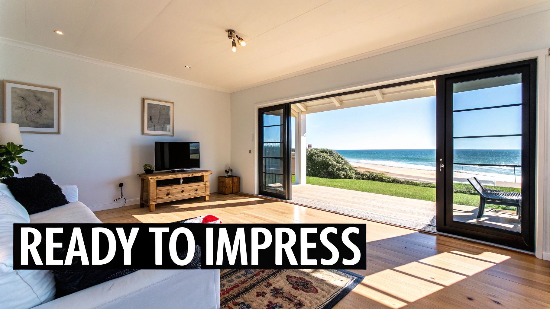 Spacious living room with a white sofa and stunning bi-fold doors opening to a scenic beach and ocean view.