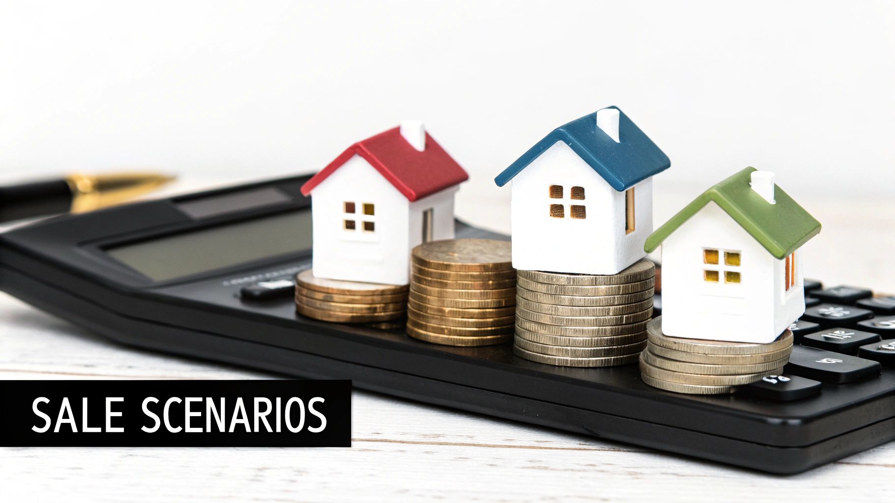 Miniature houses on coin stacks and a calculator, symbolizing real estate sale scenarios and costs.