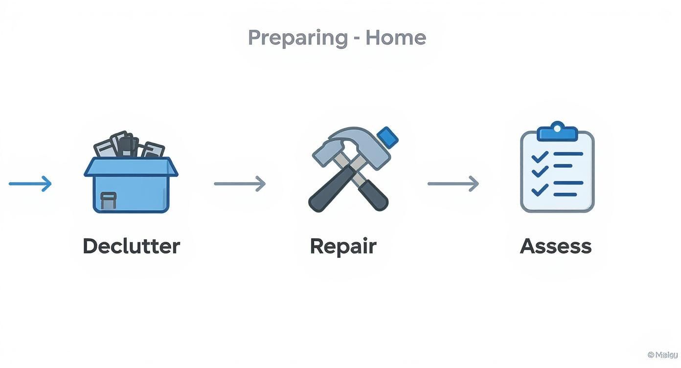 A visual process showing steps for preparing a home: Declutter, Repair, and Assess with icons.