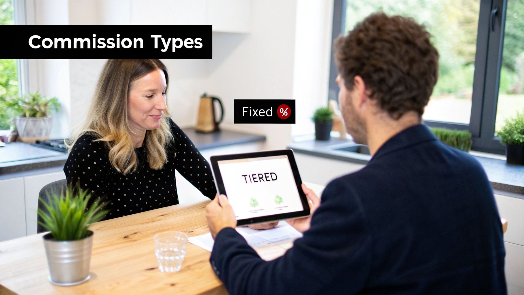 Two people discuss commission types, including fixed and tiered structures, displayed on a tablet.