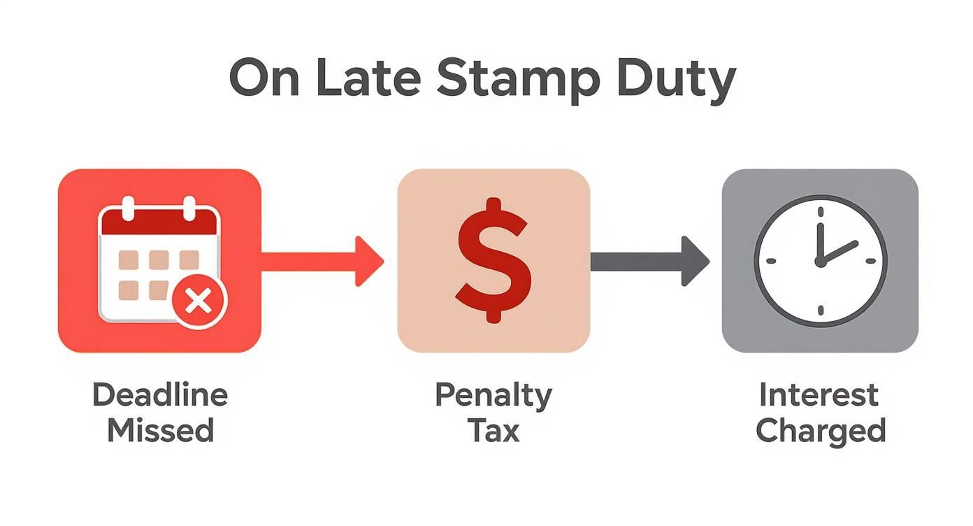 A flowchart showing the consequences of late stamp duty: deadline missed leads to penalty tax and interest.