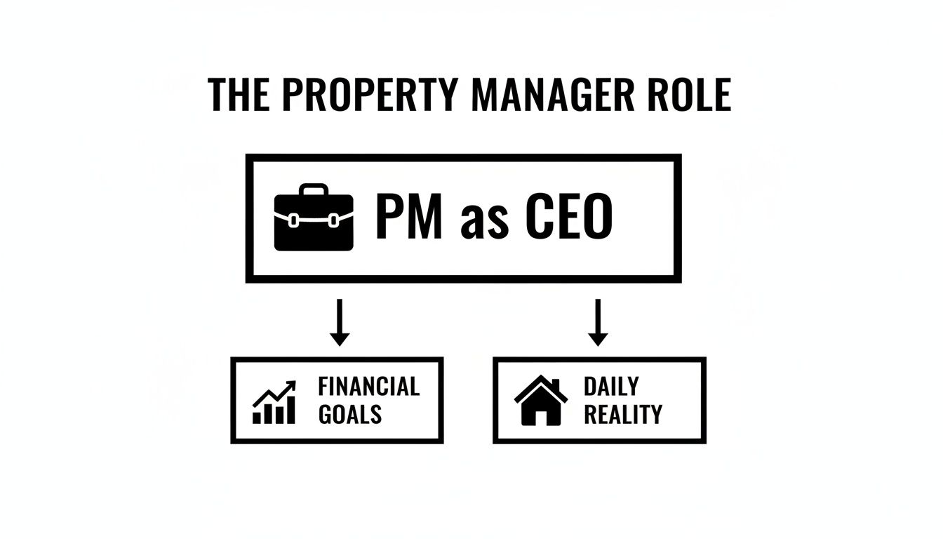 A flowchart illustrating the property manager's role as CEO, balancing financial goals and daily reality.