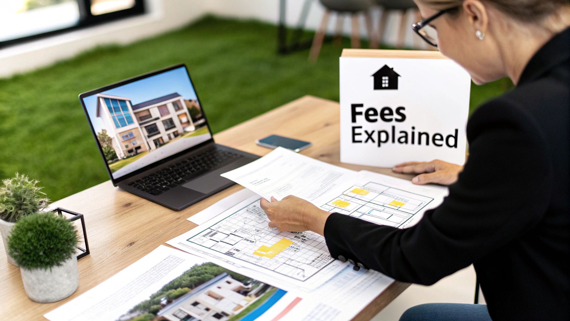 A real estate agent reviews property documents, floor plans, and a laptop displaying a house, with a 'Fees Explained' sign.