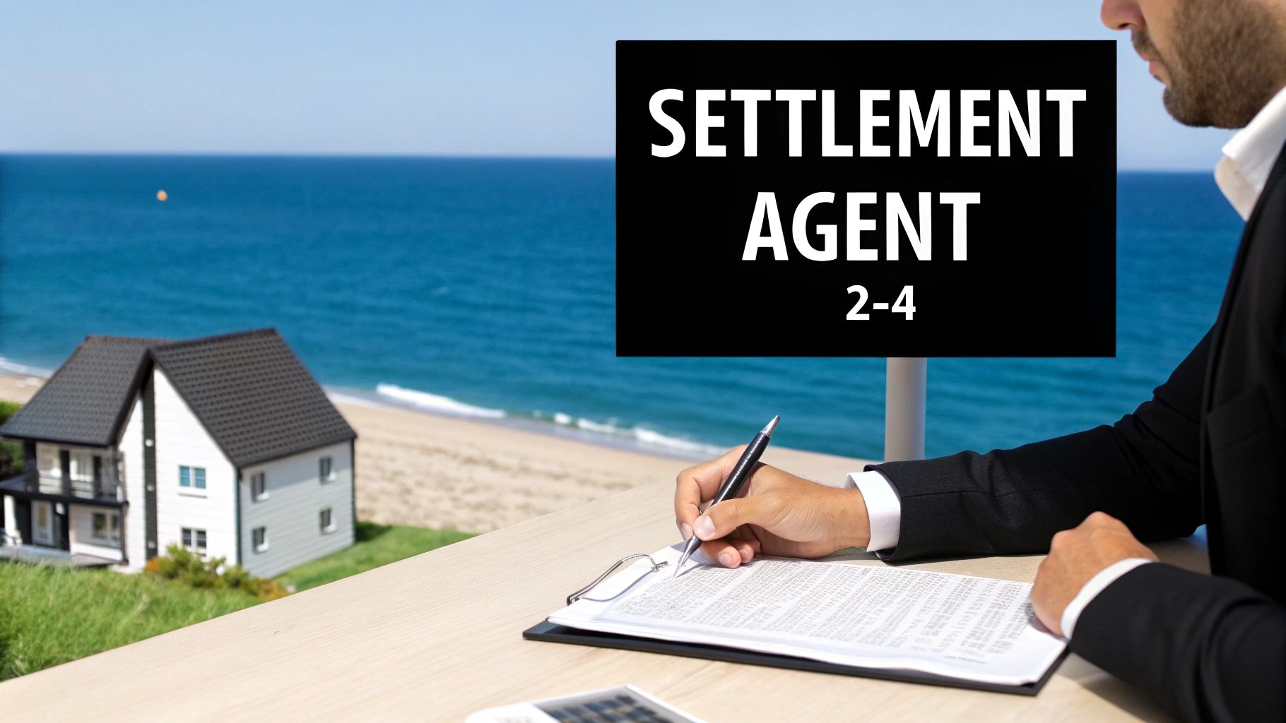 A settlement agent reviews documents at a desk overlooking a house on a beach.