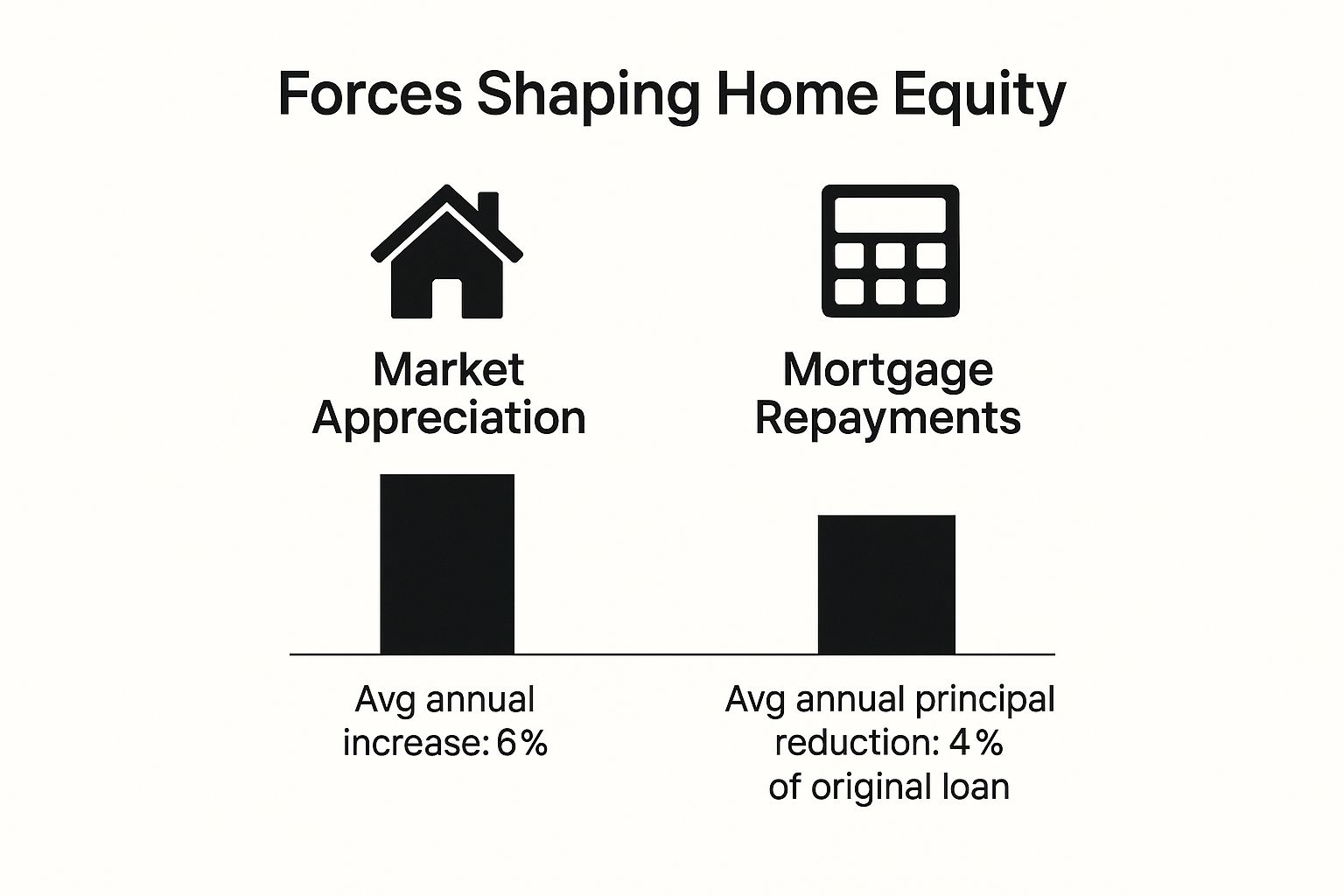 An infographic comparing the impact of market market appreciation and mortgage repayments on home equity.