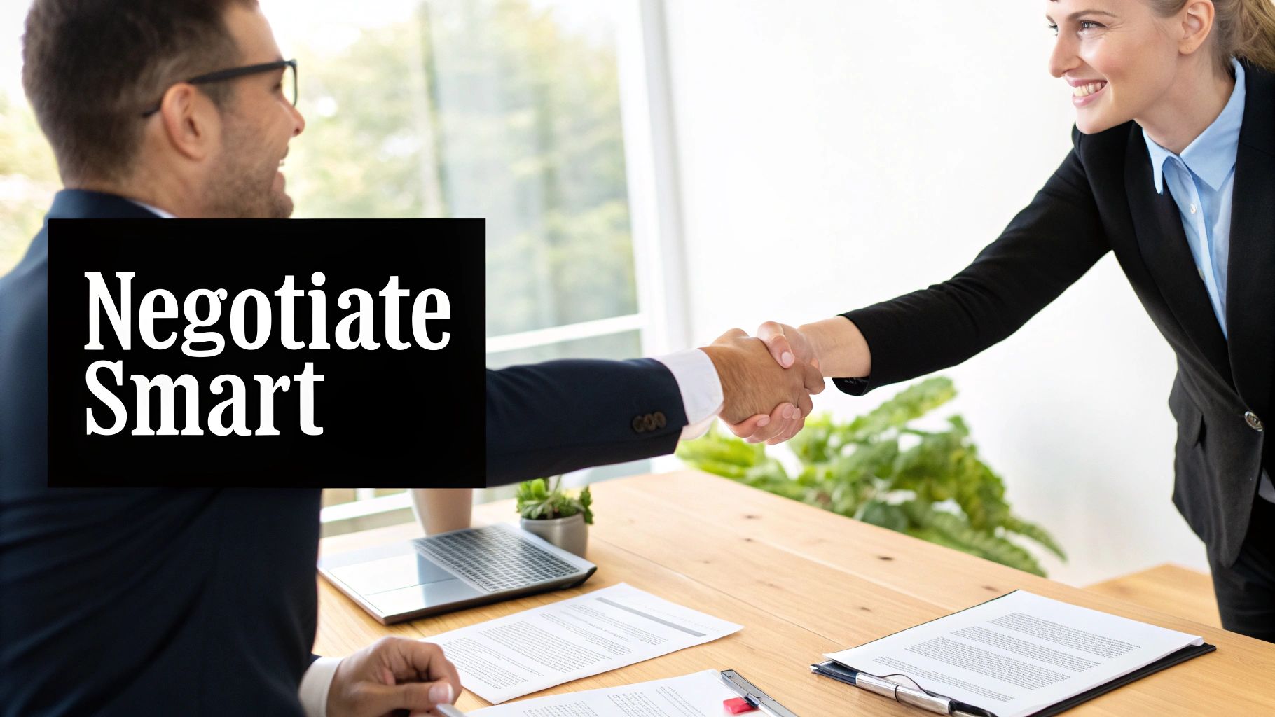 Two smiling business professionals shake hands across a desk, signifying a successful agreement.