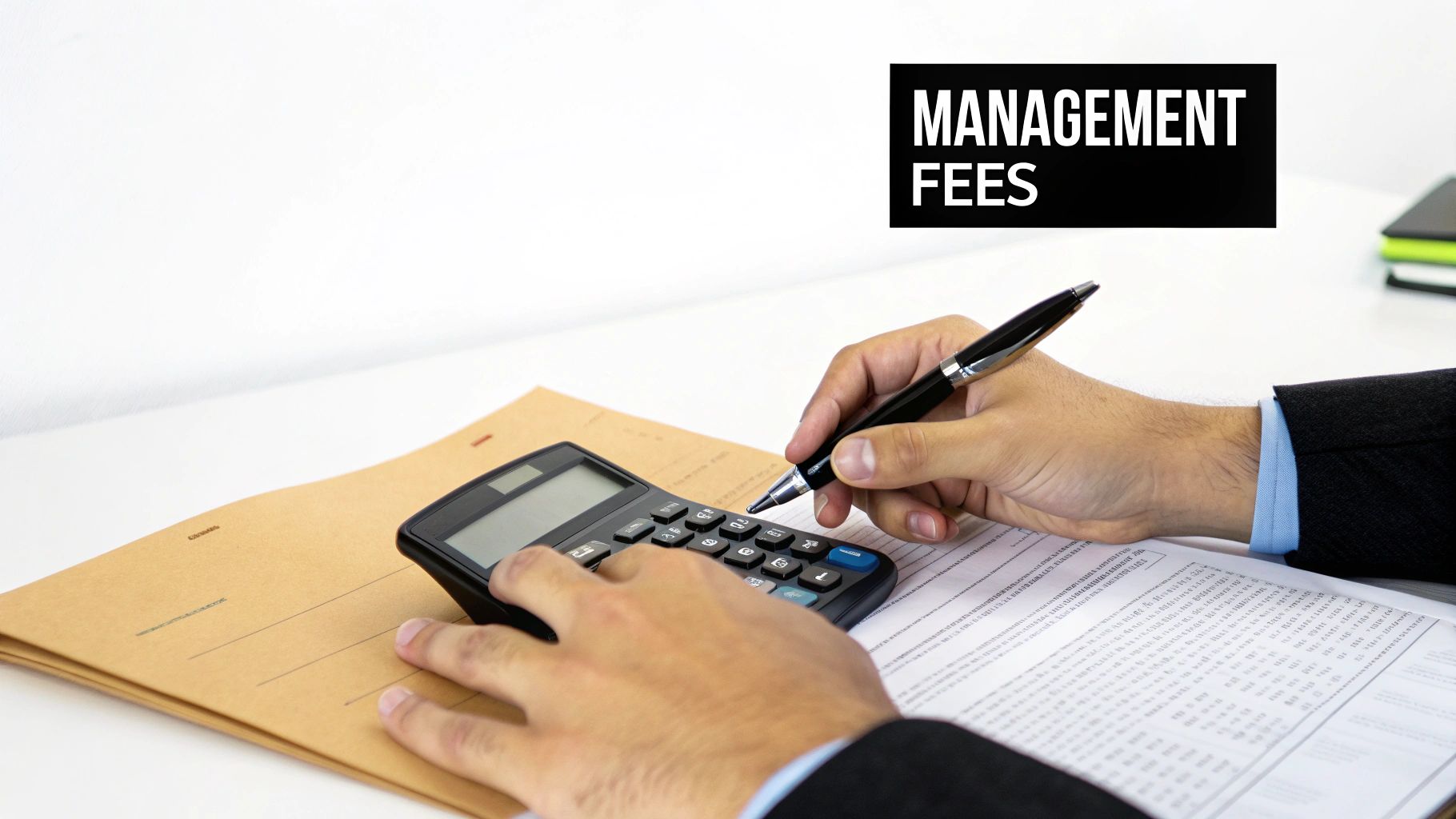 Hands using a calculator and pen to process management fees on a desk.