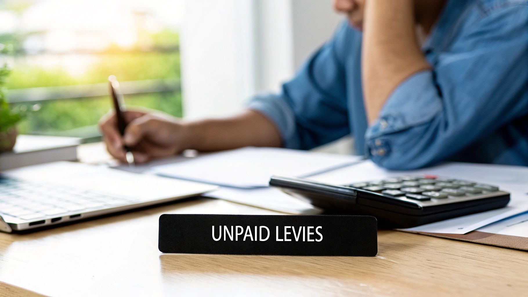 Person calculating finances with a calculator, documents, and a sign reading 'UNPAID LEVIES' on a desk.