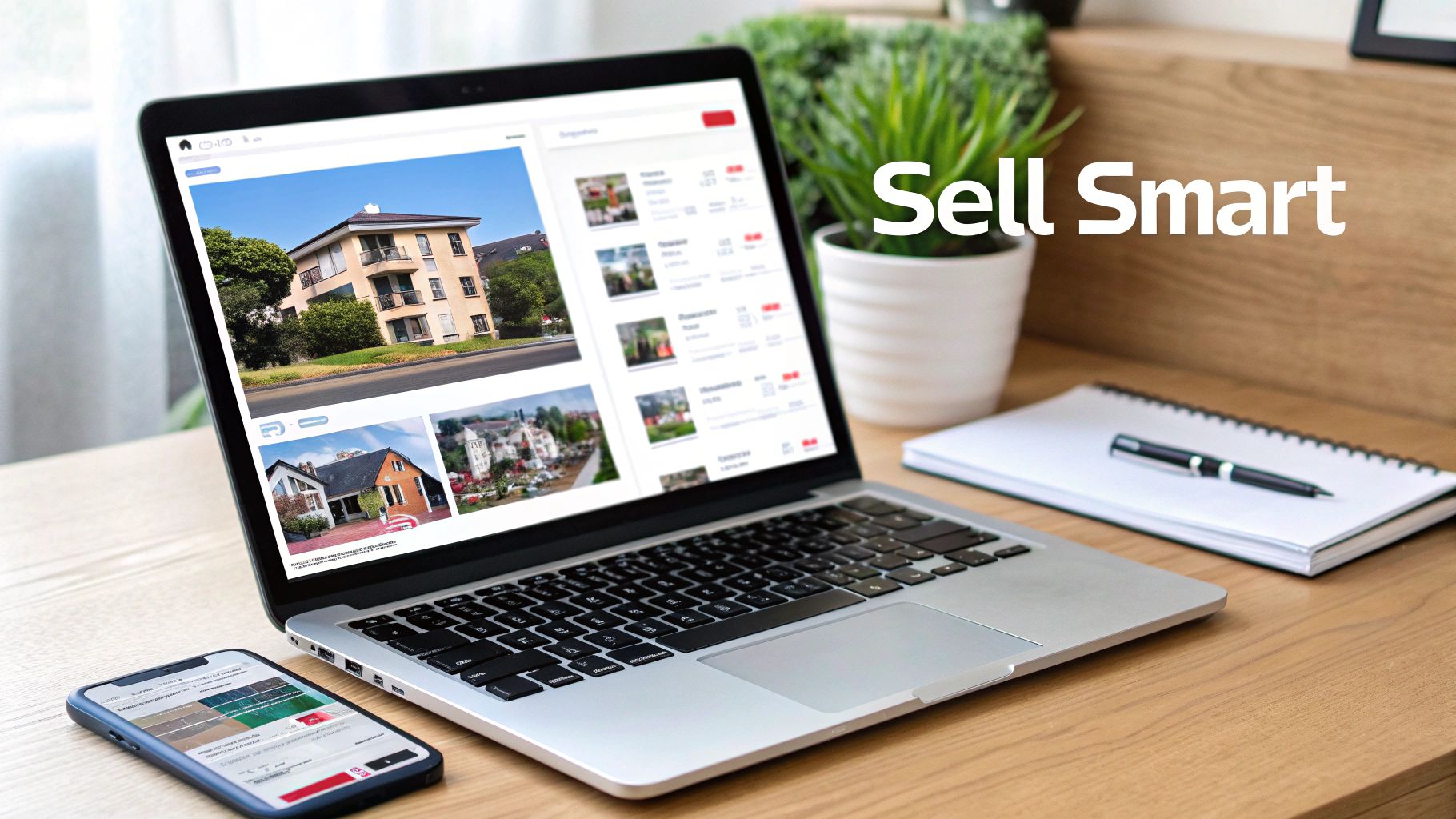 A laptop and smartphone on a wooden desk, displaying property listings and the text 'Sell Smart'.
