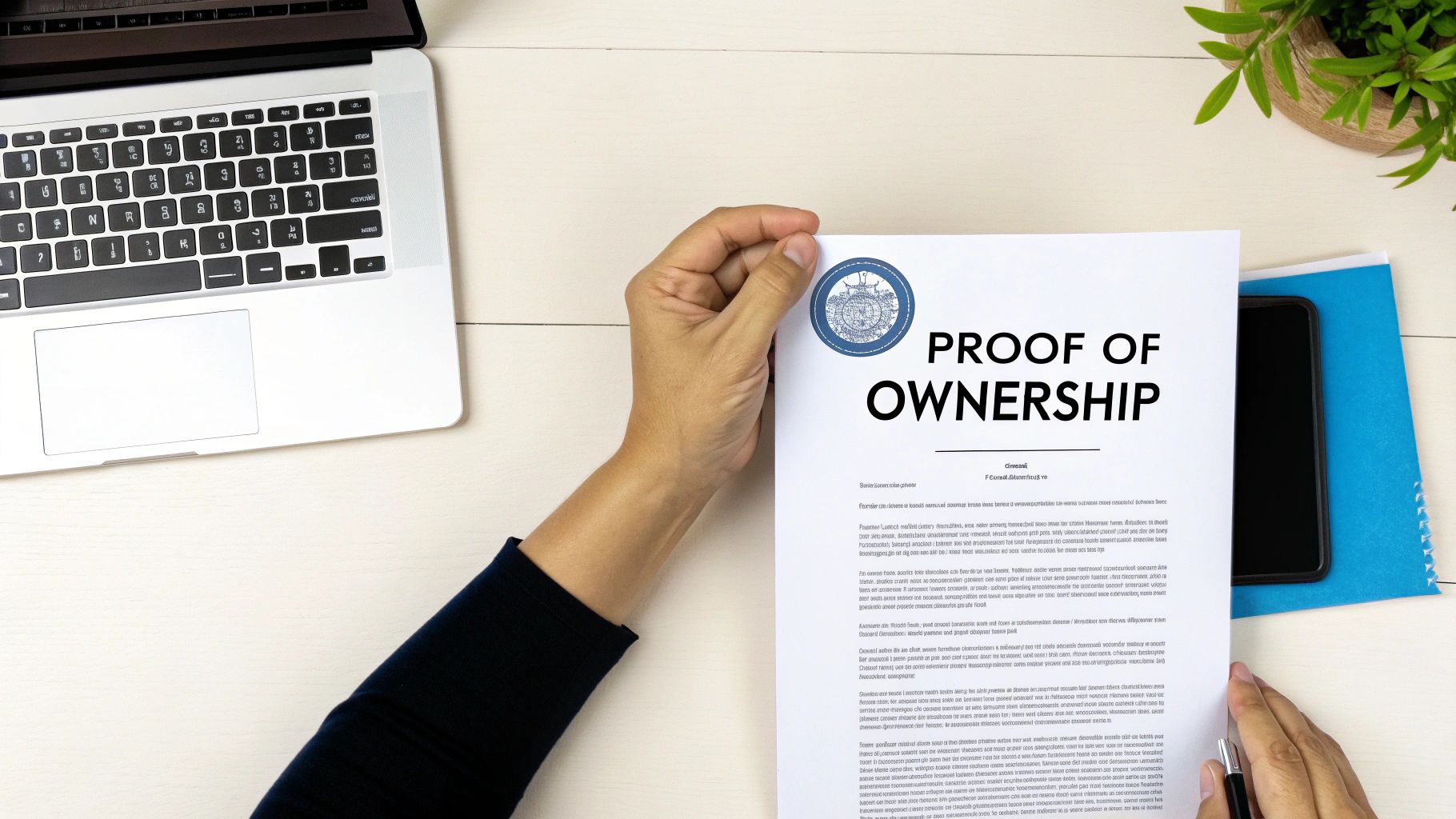 A close-up of a property deed with a magnifying glass over it, representing a certificate of title.