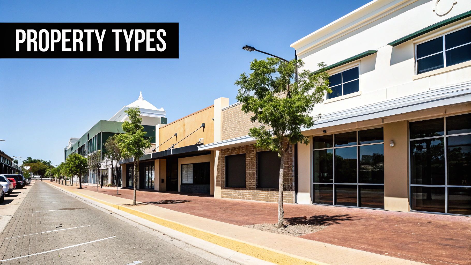 A bright street with modern commercial buildings featuring various shopfronts and awnings under a clear sky.
