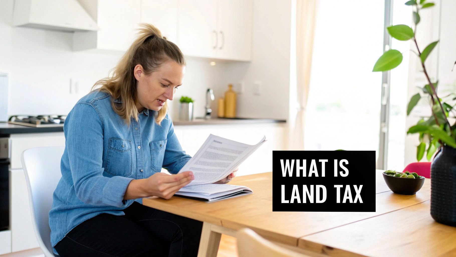 A woman reads documents at a table in a kitchen, with a text overlay: 'WHAT IS LAND TAX'.