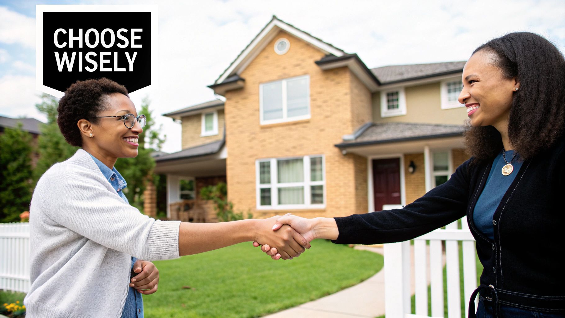 A real estate agent shaking hands with a client in a modern home