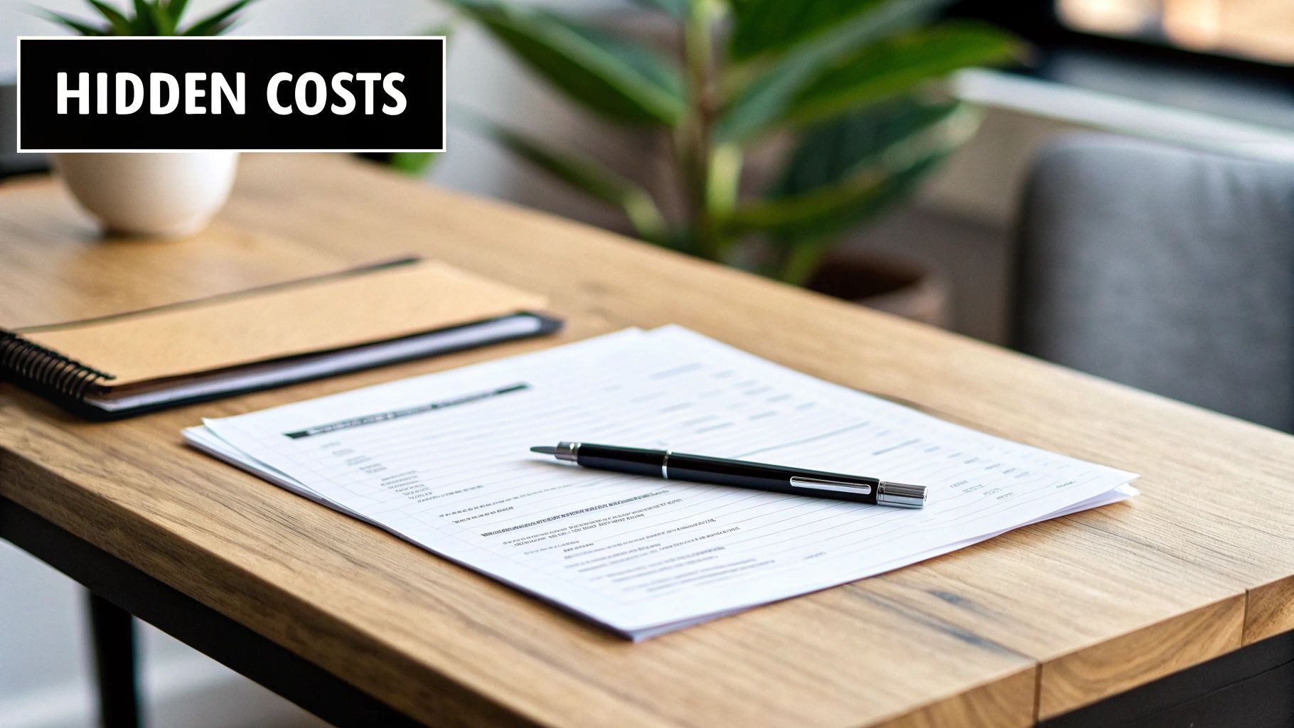 A wooden desk with a notebook, pen, and papers, under a 'HIDDEN COSTS' banner.