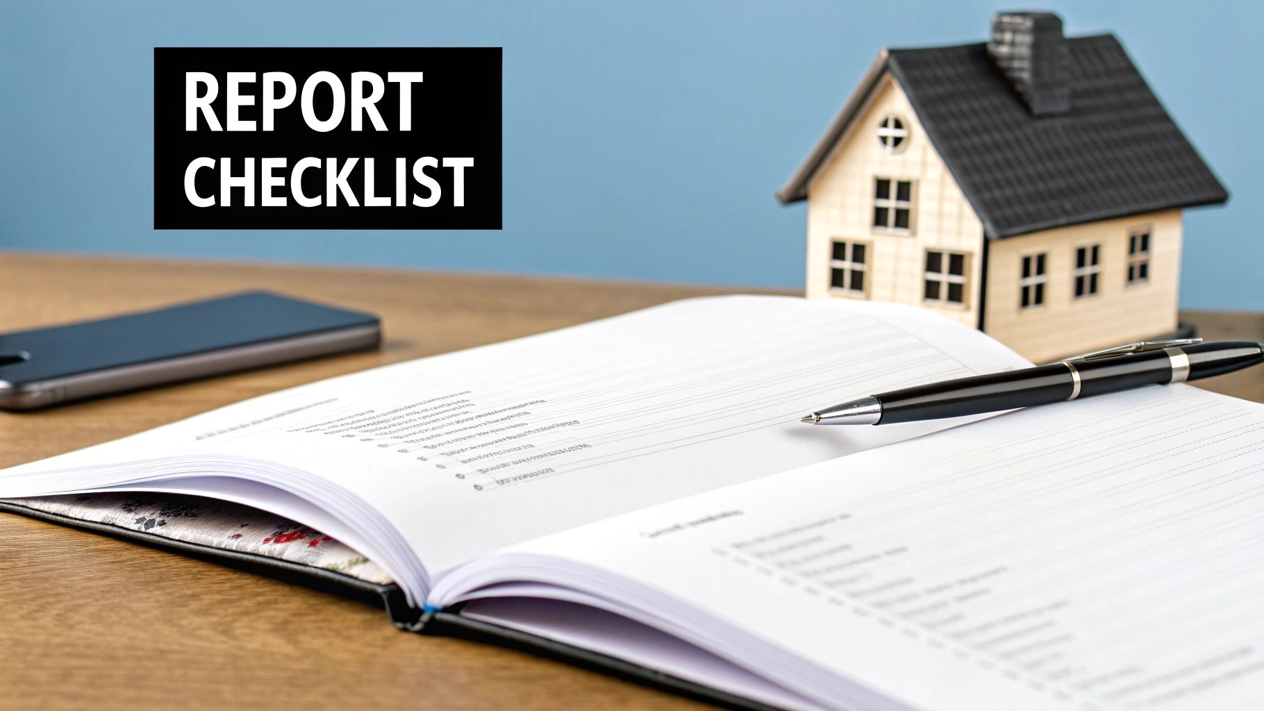 Report checklist document with pen and model house for property inspection documentation