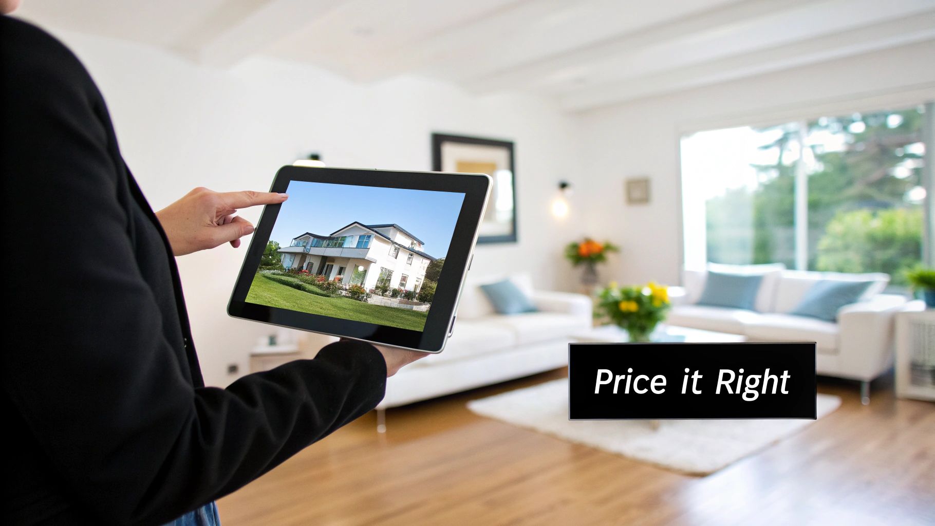 A bright, clean, and modern living room staged for sale