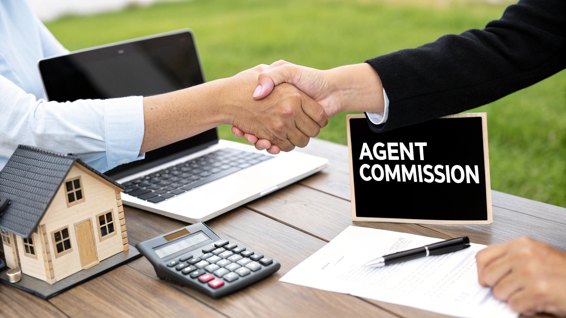 Two people shaking hands over a real estate agreement, agent commission sign, and house model.