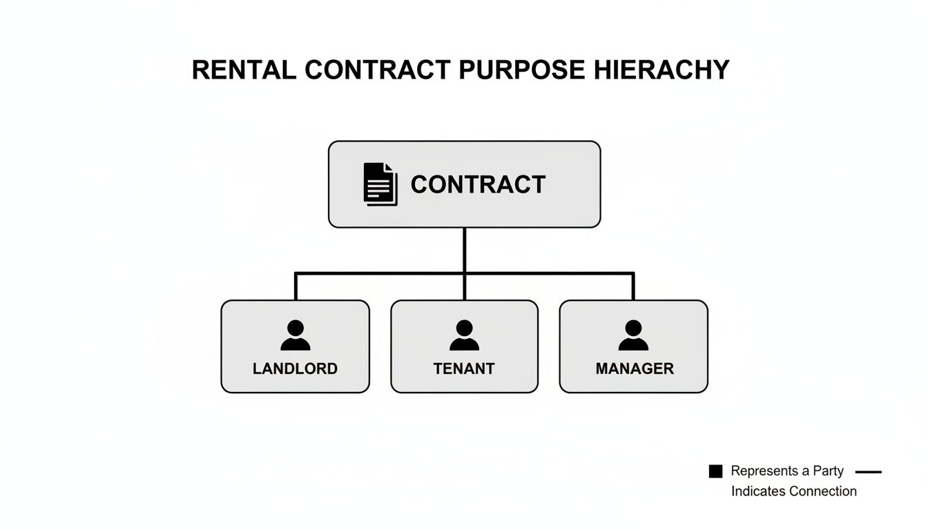A hierarchy diagram illustrating a rental contract connected to a landlord, tenant, and manager as involved parties.