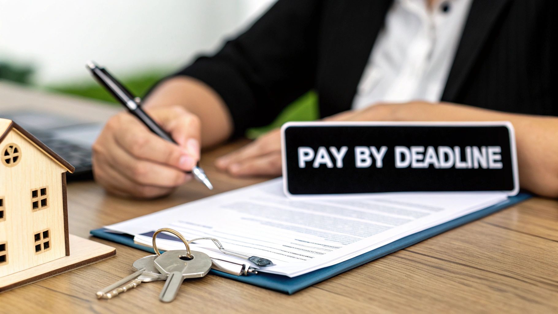 Person signing real estate documents with a house model, keys, and 'PAY BY DEADLINE' sign.