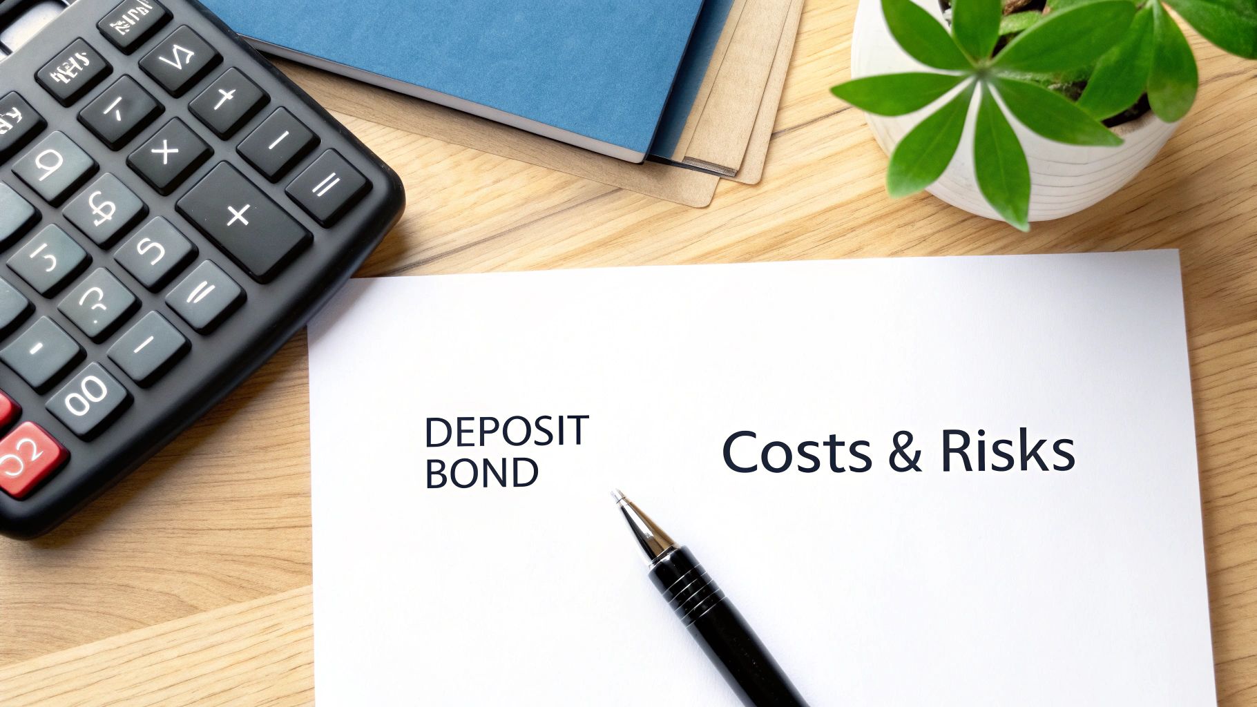 A top-down view of a desk with a calculator, pen, and document about Deposit Bond Costs & Risks.