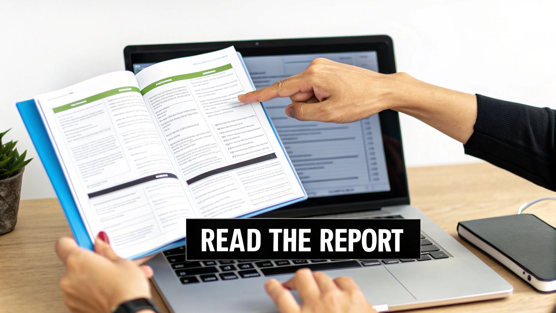 A person's hands holding a magnifying glass over a home inspection report document.