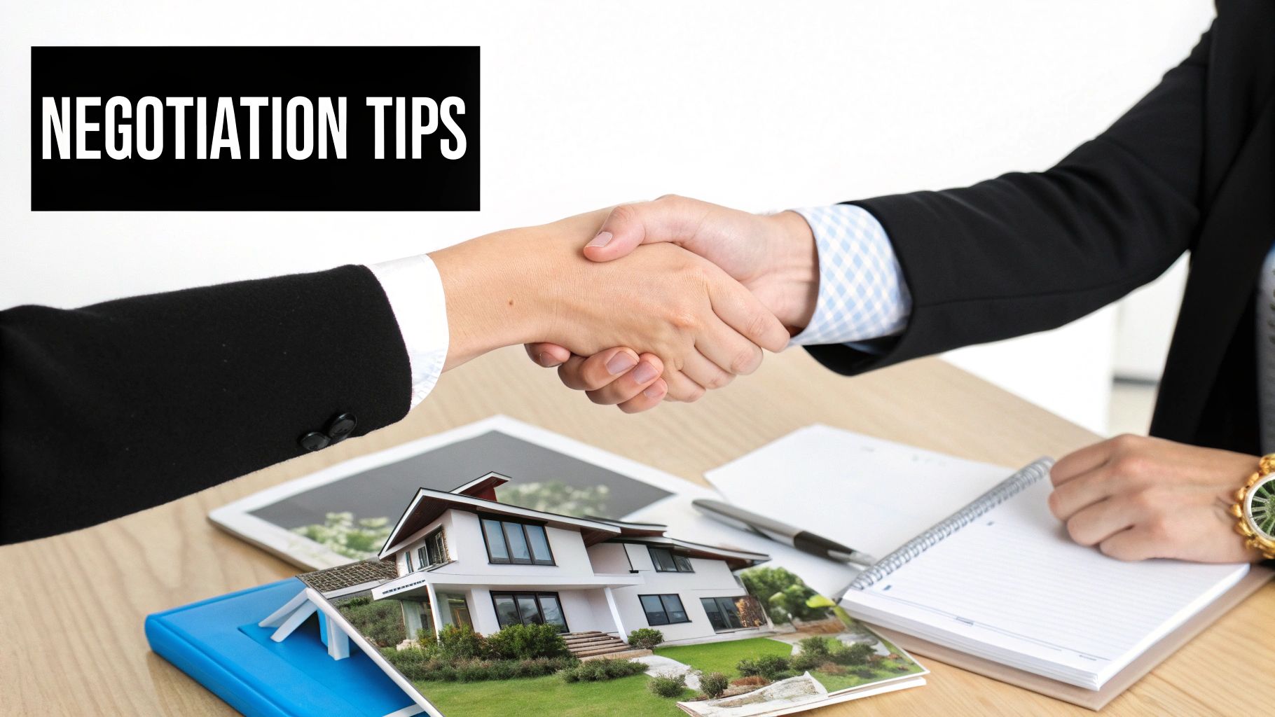 Two business people shaking hands over a desk with real estate documents and a house image.