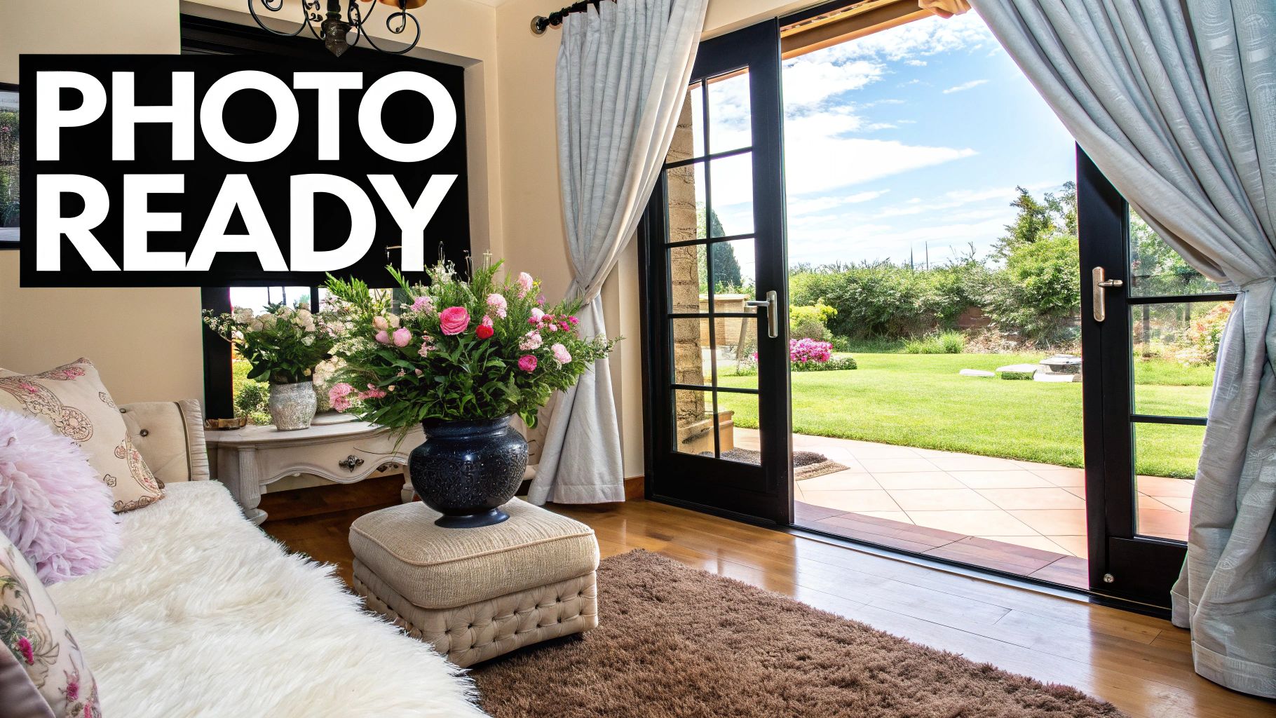 A bright, styled living room with an open French door leading to a lush green backyard.