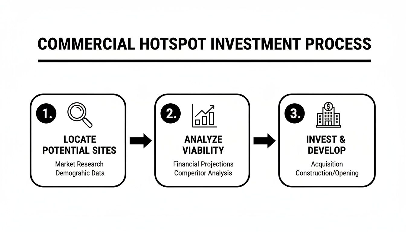 Diagram outlining the three-step commercial hotspot investment process with icons and descriptions.