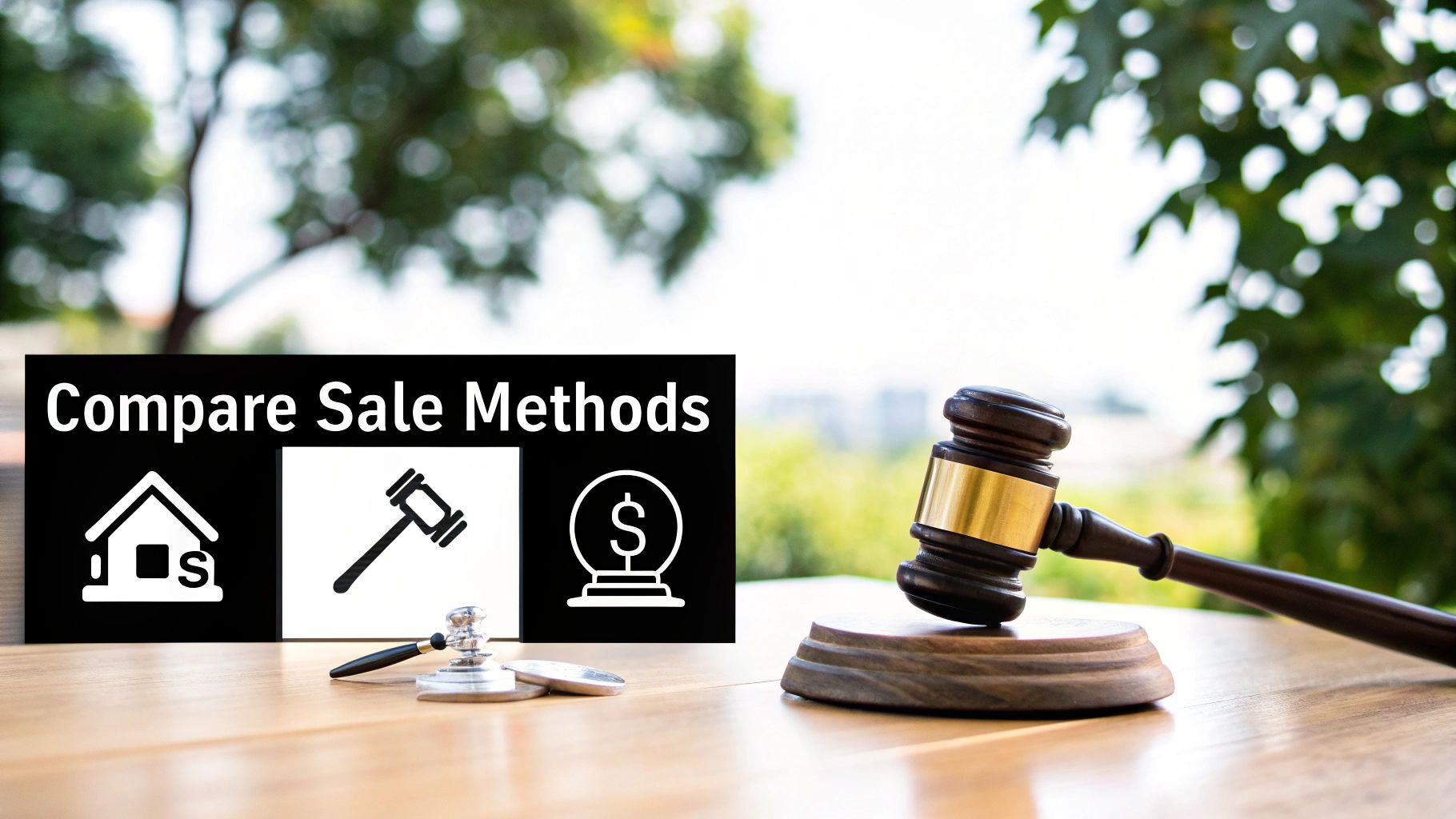 Banner compares sale methods for houses, auctions, and financial options, featuring gavels on a table.