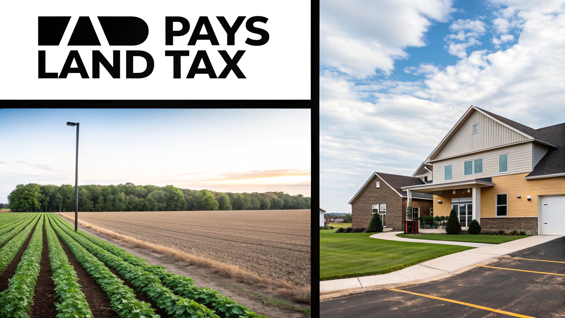 Text 'AD PAYS LAND TAX' above agricultural fields and a modern residential building.