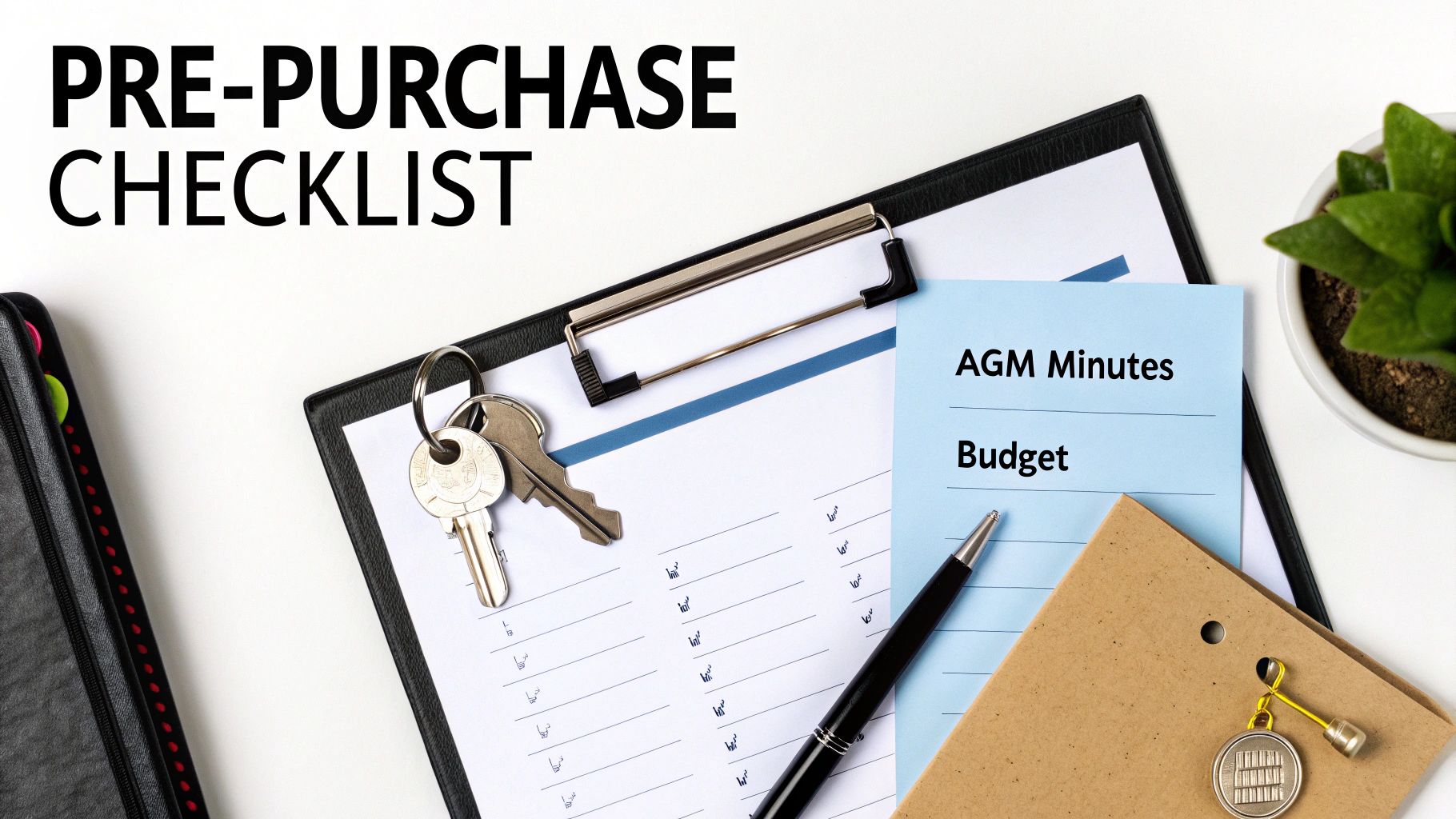A pre-purchase checklist with house keys, a pen, and a sticky note listing AGM Minutes and Budget, related to property.