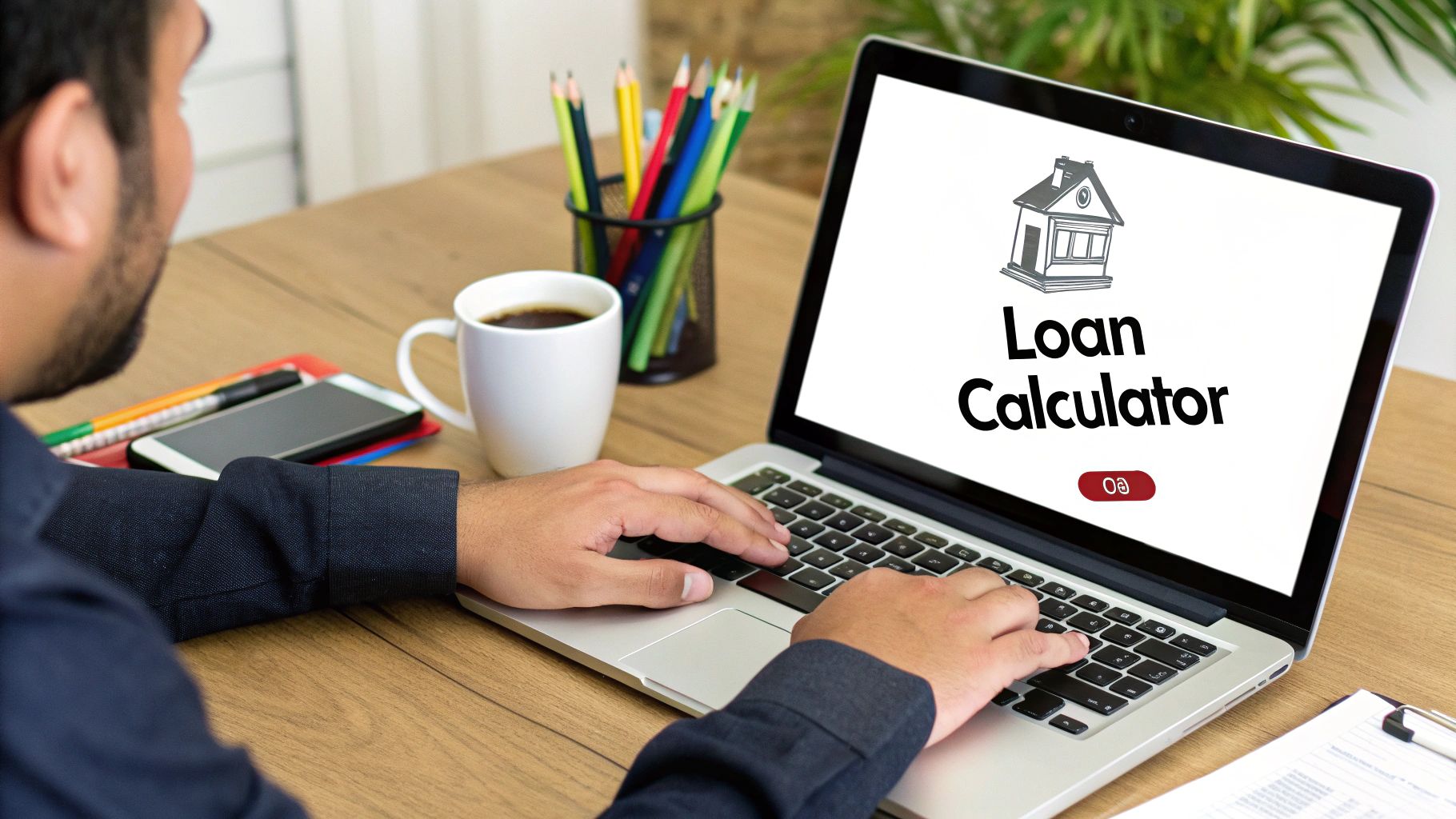 A man uses a laptop displaying a 'Loan Calculator' with a house icon on the screen, surrounded by coffee and office supplies.