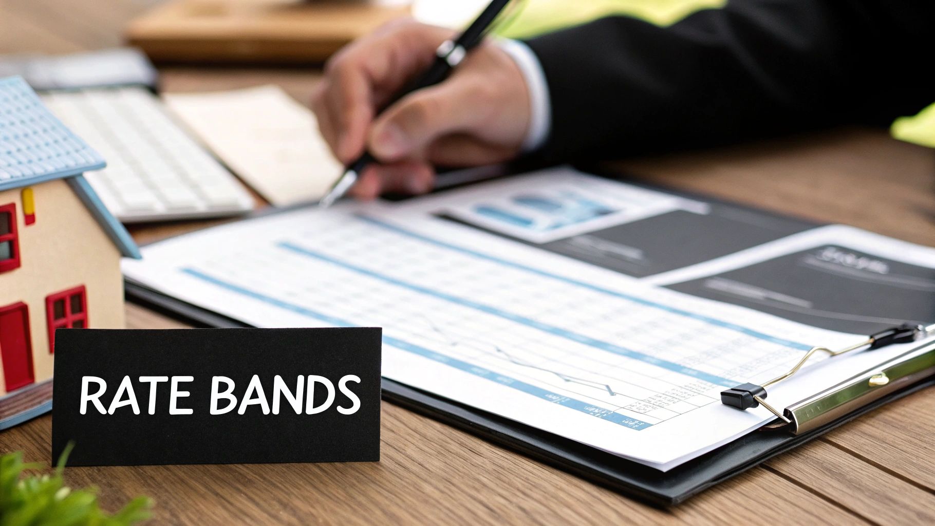 A person using a calculator with property documents nearby, symbolising the information gathering process.