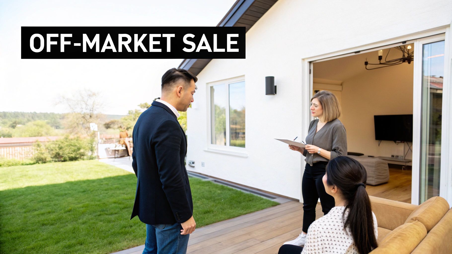 Three people, including a real estate agent, discuss an off-market property sale outside a modern home.